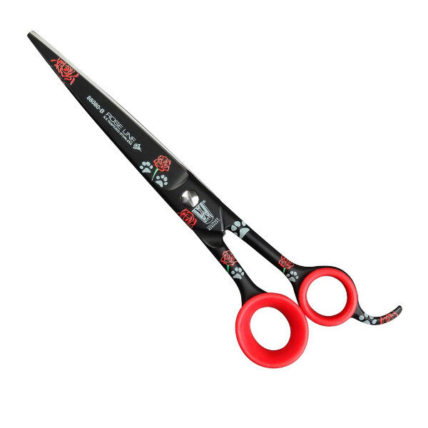 KR Witte Rose Line 8,25" - nożyczki fryzjerskie proste z hakiem i mikroszlifem, czarne w róże i łapki